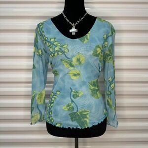 Vintage 90s Blue & Green Floral Micro Mesh Long Sleeve